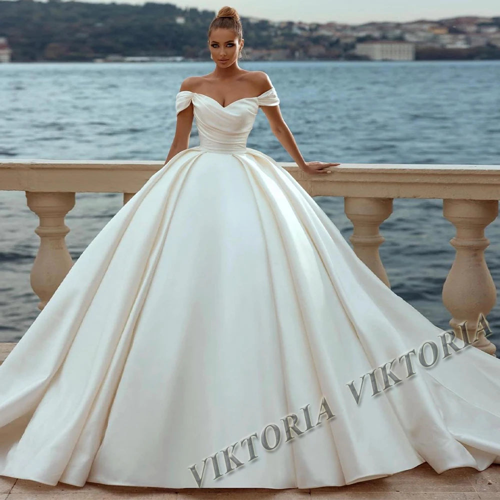 VIKTORIA-Robe de Mariée Simple en Satin pour Femme, Ligne A, Fente, Sans Bretelles, Plissée, Personnalisée