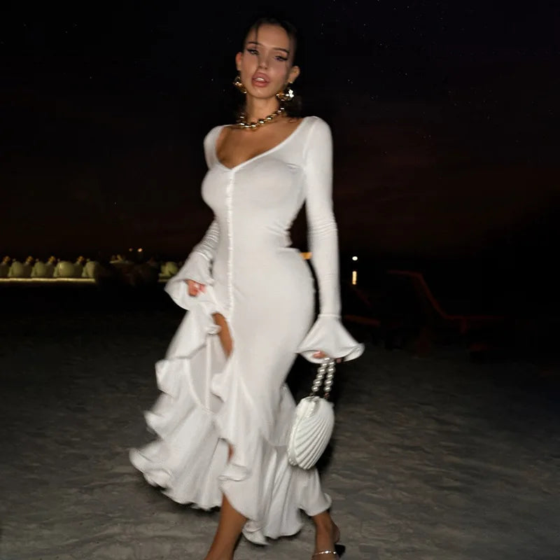 Sibybo volants col en V moulante robe Maxi