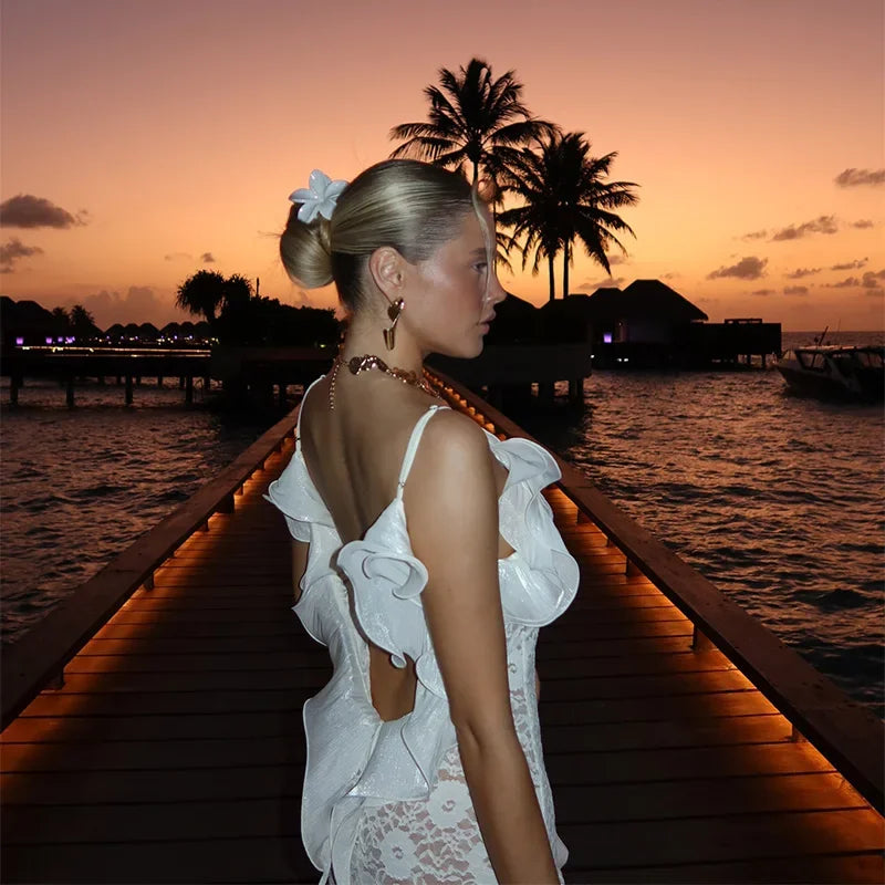 Chic tricot évider robe Maxi volants bord épaules dénudées fête longues