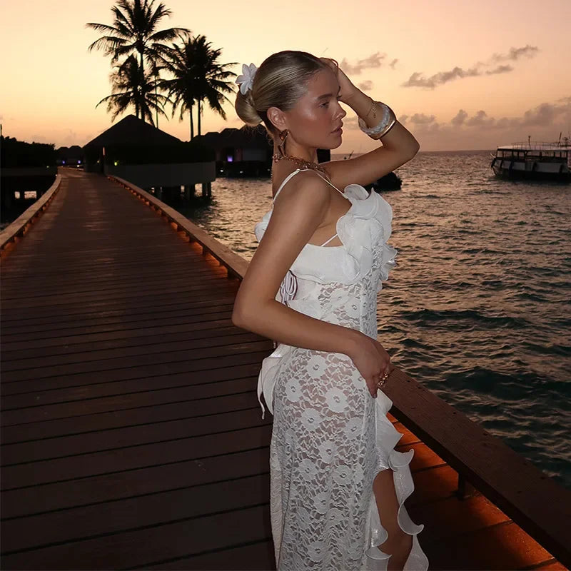 Chic tricot évider robe Maxi volants bord épaules dénudées fête longues