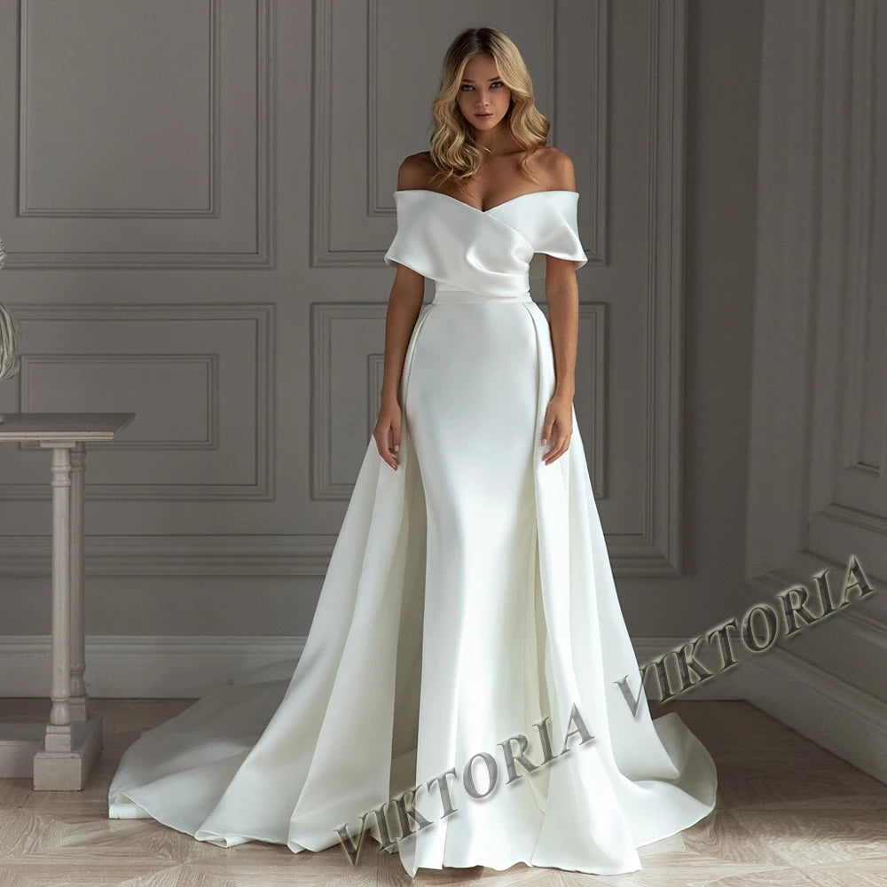 VIKTORIA-Robe de Mariée Simple en Satin pour Femme, Ligne A, Fente, Sans Bretelles, Plissée, Personnalisée