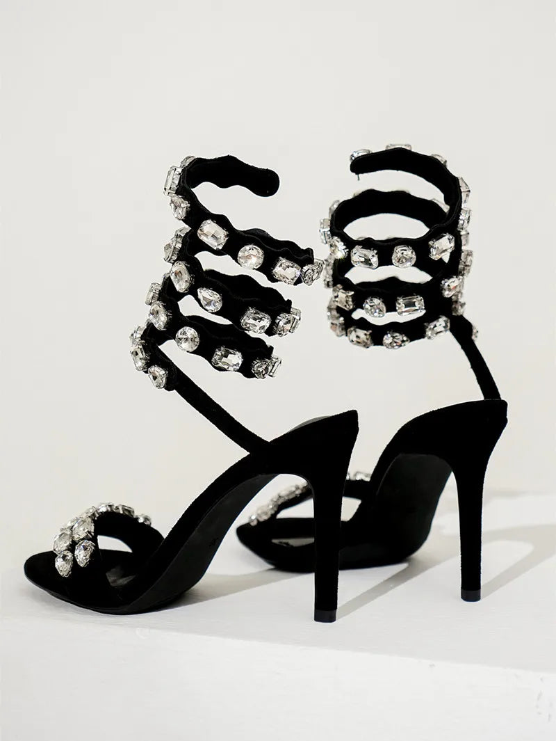 Star style luxe cristal embelli Wraparound femmes sandales talons aiguilles gladiateur sandales été mariage chaussures de bal