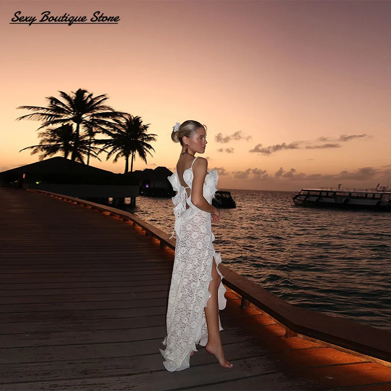 Chic tricot évider robe Maxi volants bord épaules dénudées fête longues