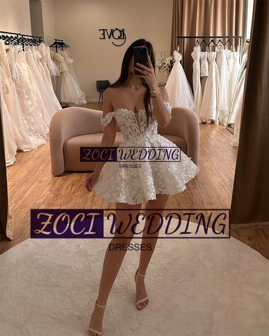 Zoci exquise robes de mariée courtes 3D dentelle Appliques chérie robe de mariée personnalisé épaules nues dos nu robes de mariée