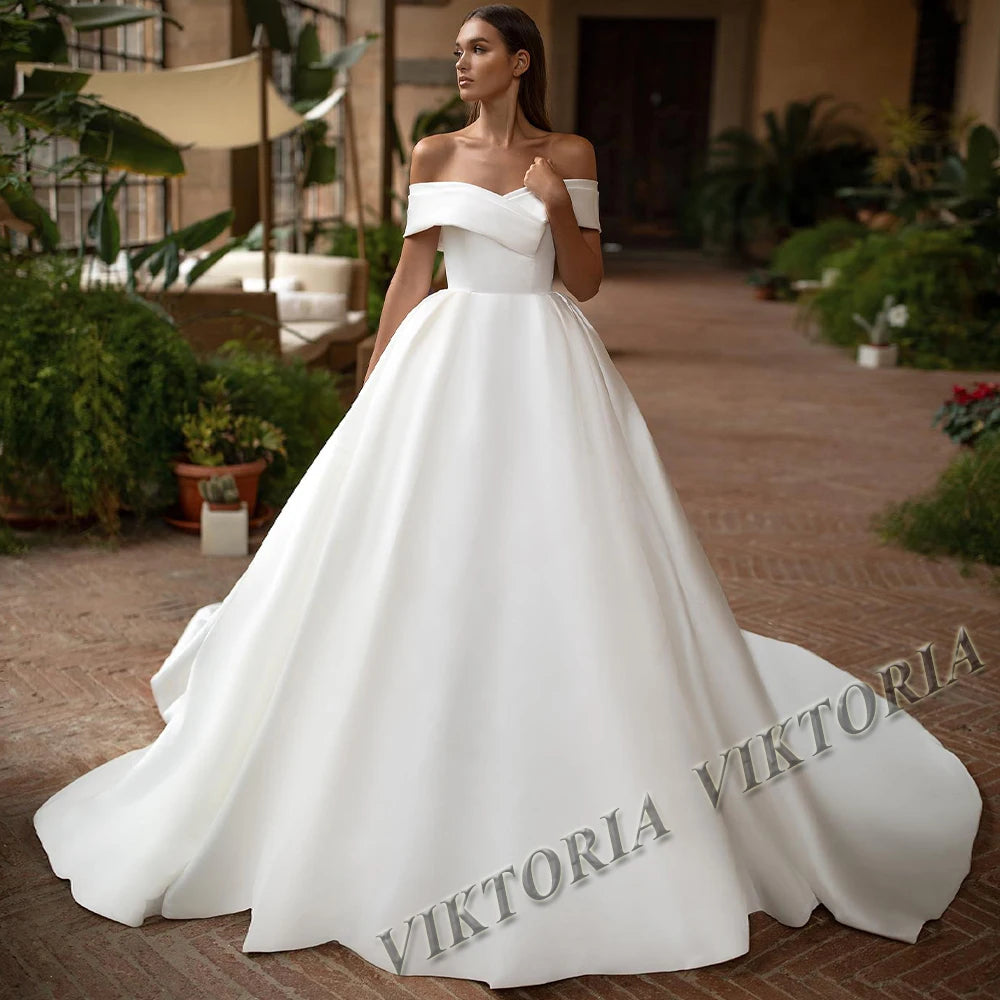 VIKTORIA-Robe de Mariée Simple en Satin pour Femme, Ligne A, Fente, Sans Bretelles, Plissée, Personnalisée