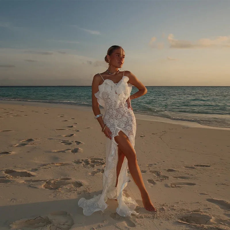 Chic tricot évider robe Maxi volants bord épaules dénudées fête longues