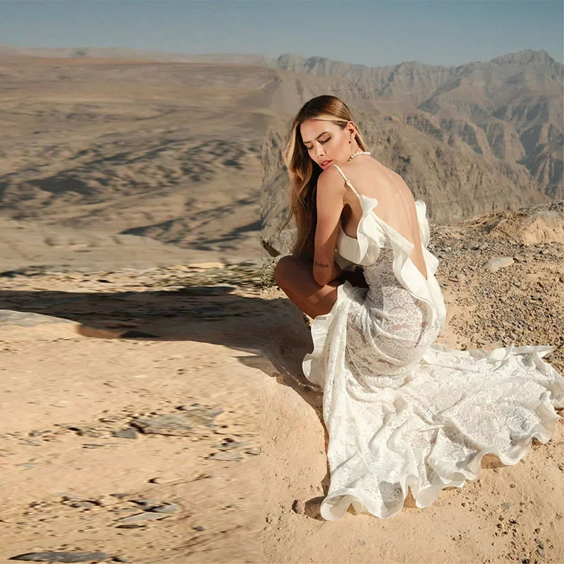 Chic tricot évider robe Maxi volants bord épaules dénudées fête longues